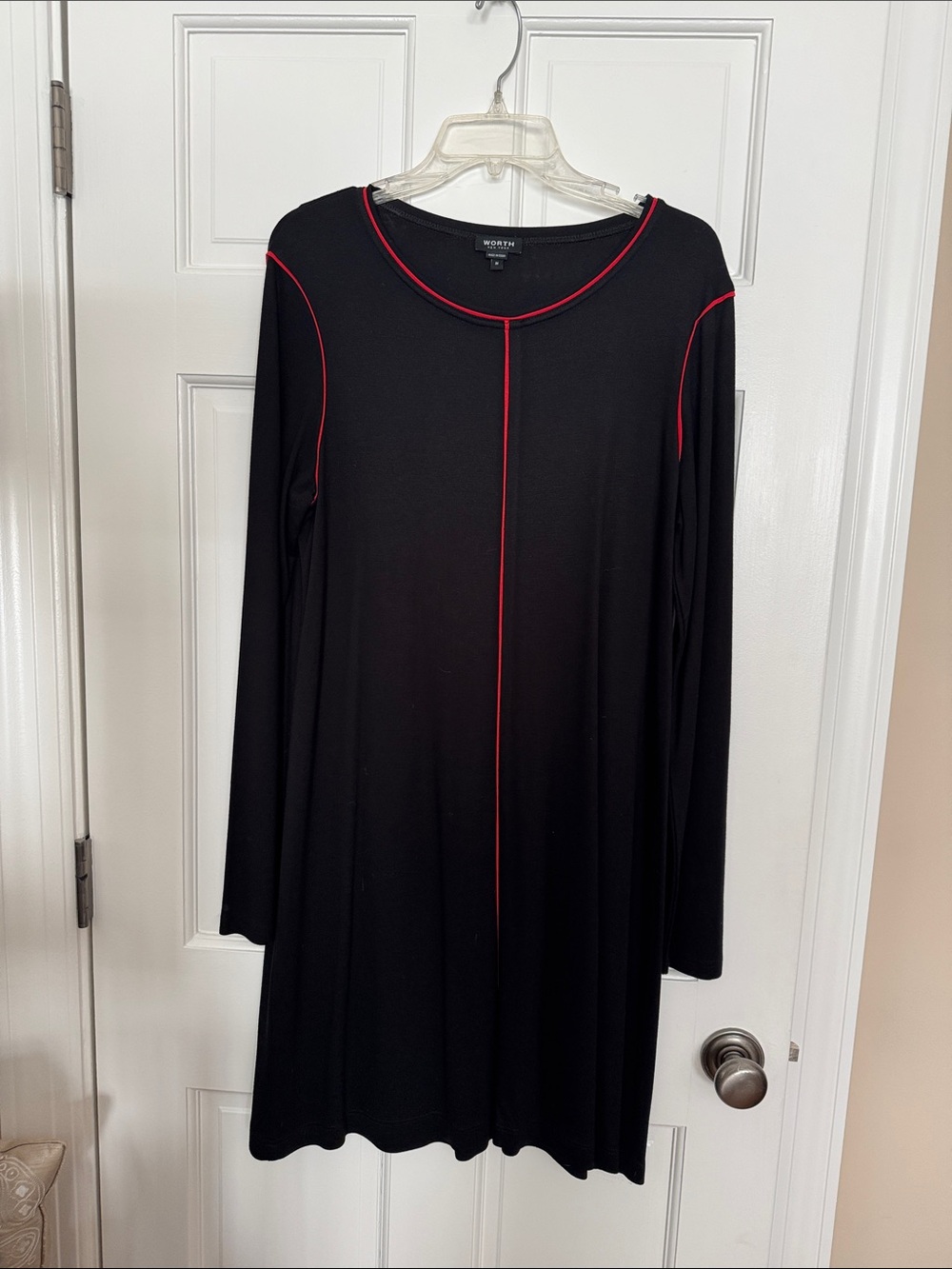 Worth Black Long Sleeve Shift Dress with Red Piping Detail